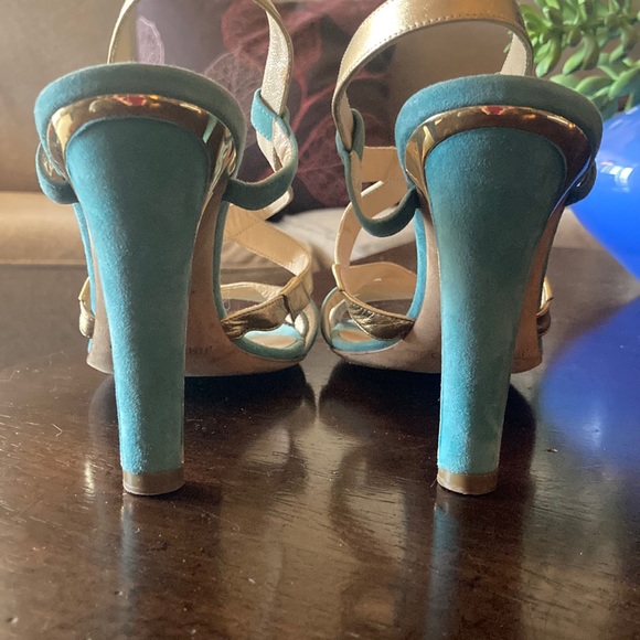Jimmy Choo. 4” Teal-Gold. Metallic. Adjustable strap. Comfortable. Size 37 - Picture 2 of 10